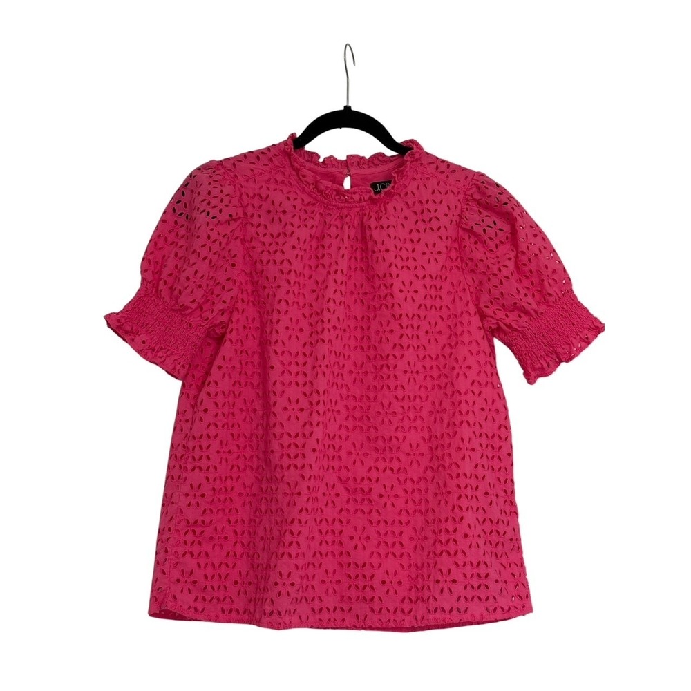 J Crew Shirt Womens Pink Smocked Puff Sleeve Eyelet Cotton Top Small